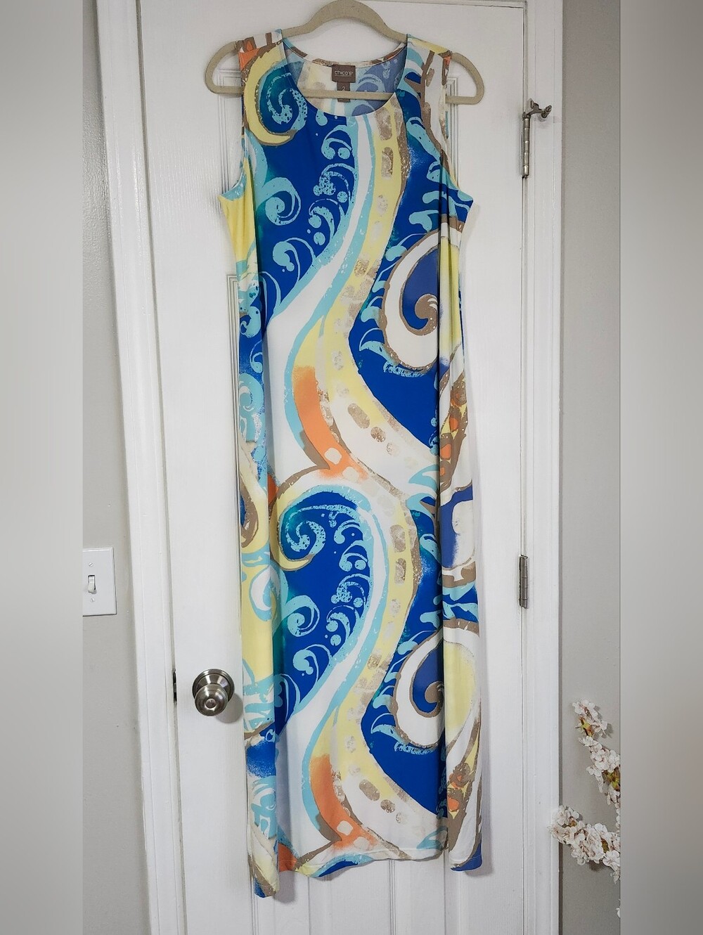 Women's Chico's Sleeveless Blue Swirl Maxi Stretch Dress Size 1 or Medium